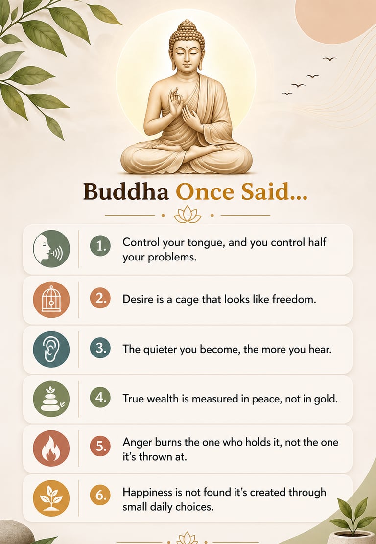 Inspirational Buddha quotes infographic featuring a meditating Gautama Buddha and six life lessons for mindfulness.