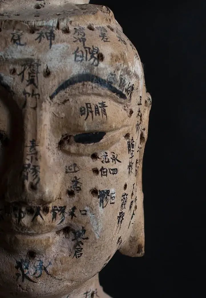 visage chinois montrant les méridiens et les points d'acupuncture