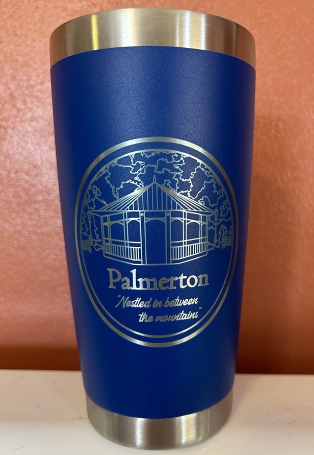 laser engraved drink tumbler with town logo