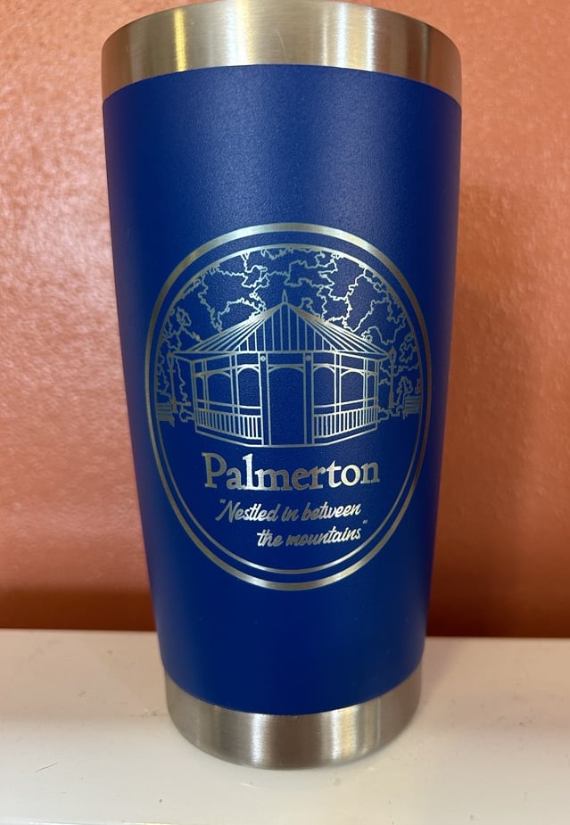 laser engraved drink tumbler engraved with town logo