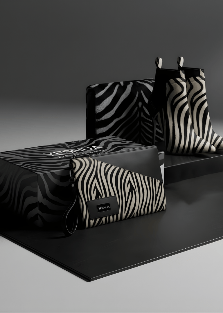 Luxury zebra print fashion set featuring pointed-toe ankle boots, a matching clutch bag, and a designer gift box.