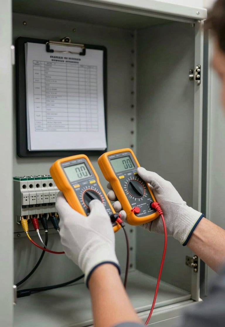 Close-up medium shot of a technician's gloved hands holding a digital multimeter against a labeled terminal block inside an open electrical panel, inspection checklist sheet clipped to a board visible in background, practical site lighting from above, residential building mechanical room context