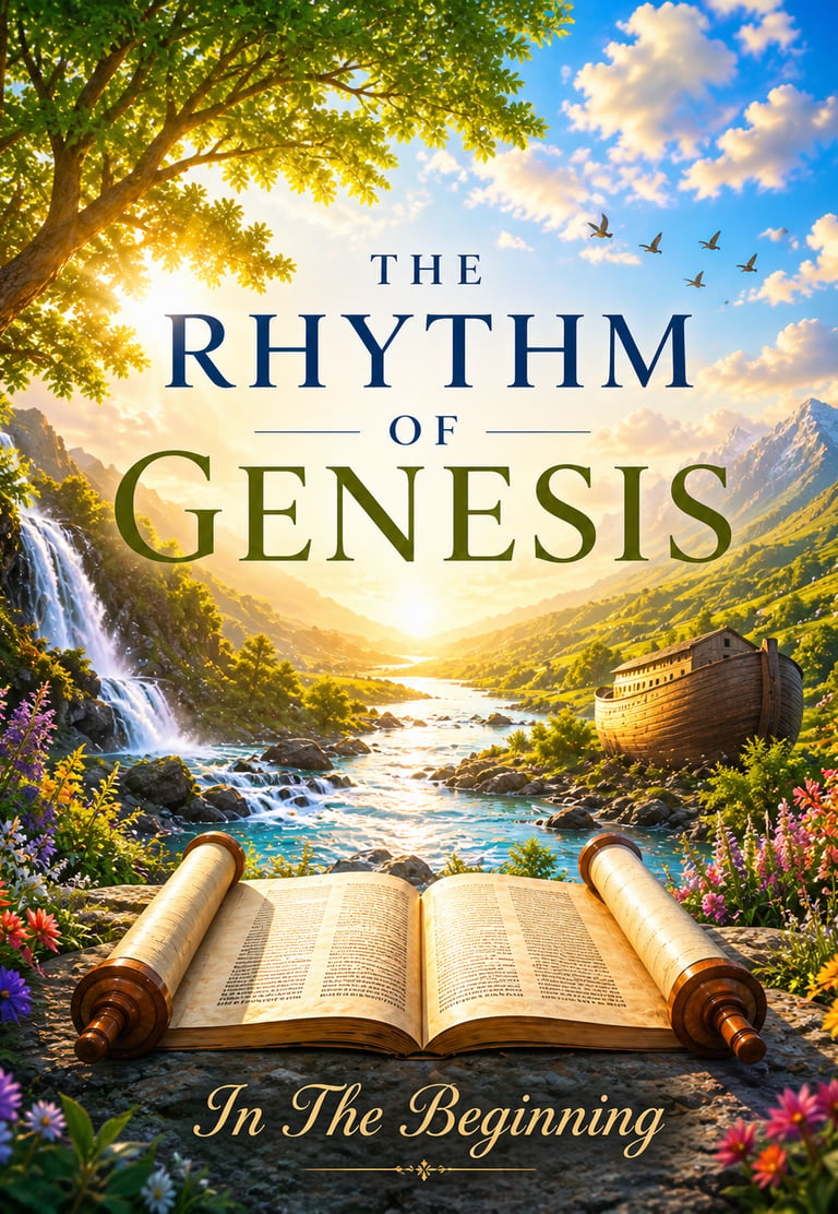Devotional image for The Rhythm of Genesis with a sunrise valley, waterfall, scroll, and ark”