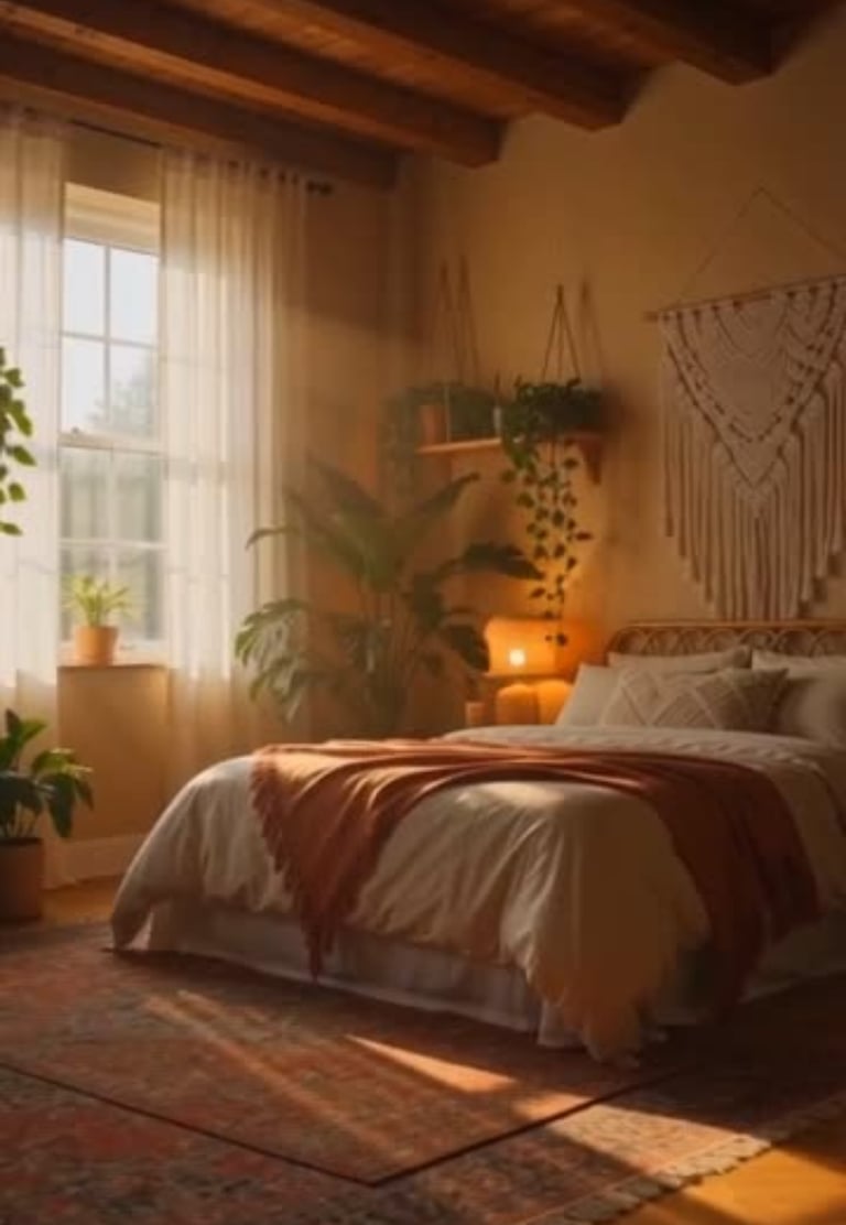 Cozy boho bedroom, wicker headboard, layered rust bedding, macramé plant, and rattan lamps