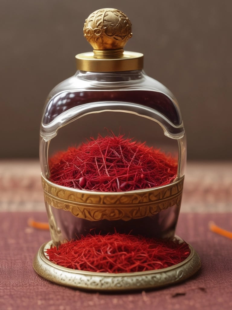 Close-up of vibrant red Persian saffron threads in a rustic wooden bowl.