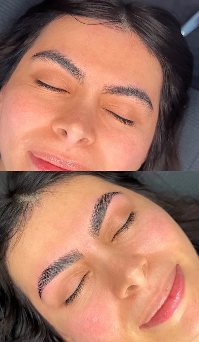 Before a brow lamination photo and After brow lamination photo