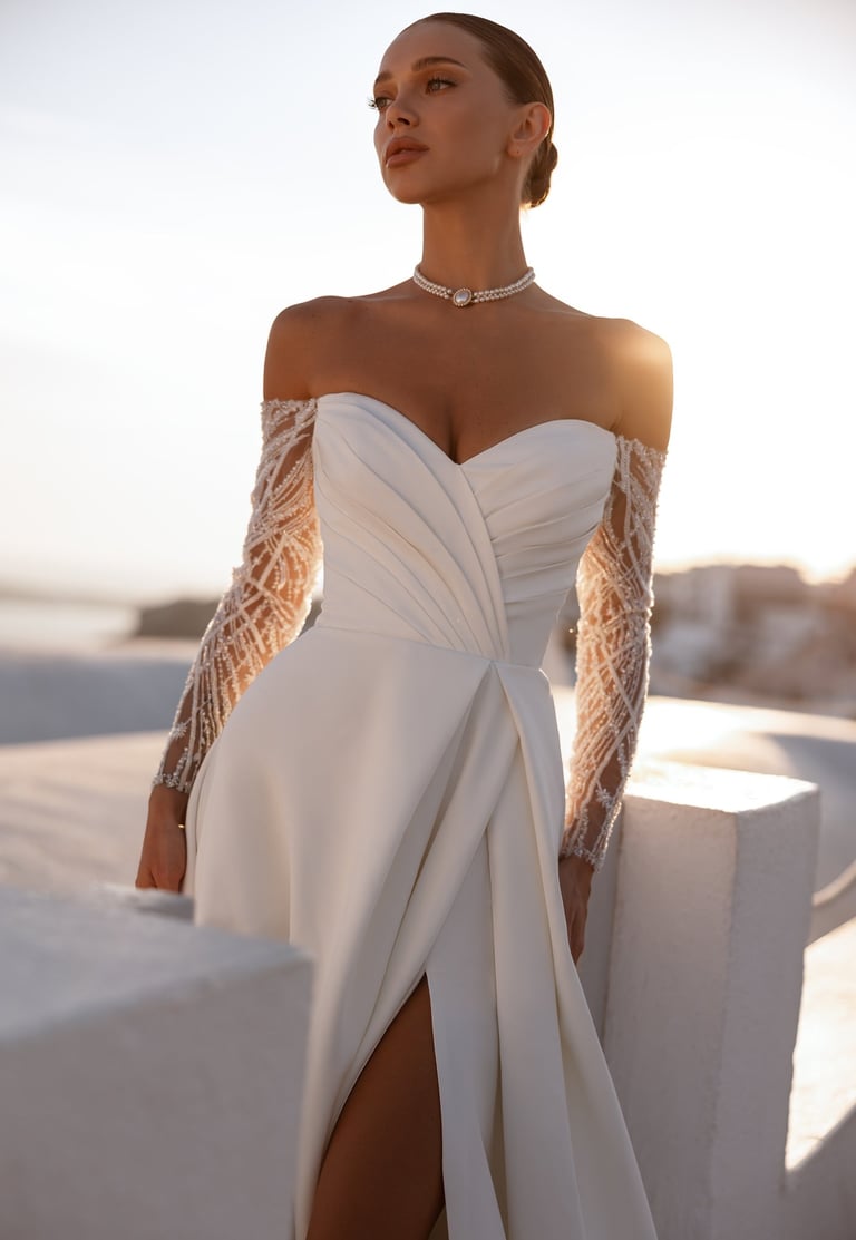 a woman in a white dress with a long sleeved dress