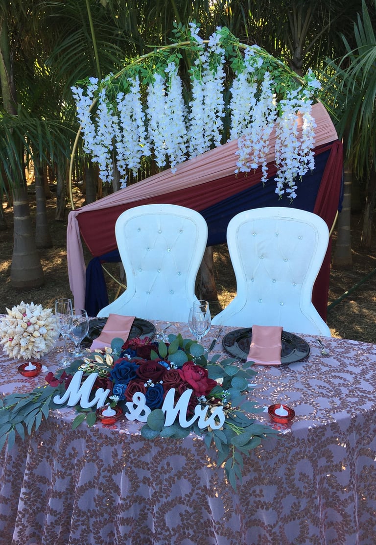 a table with a table cloth and chairs