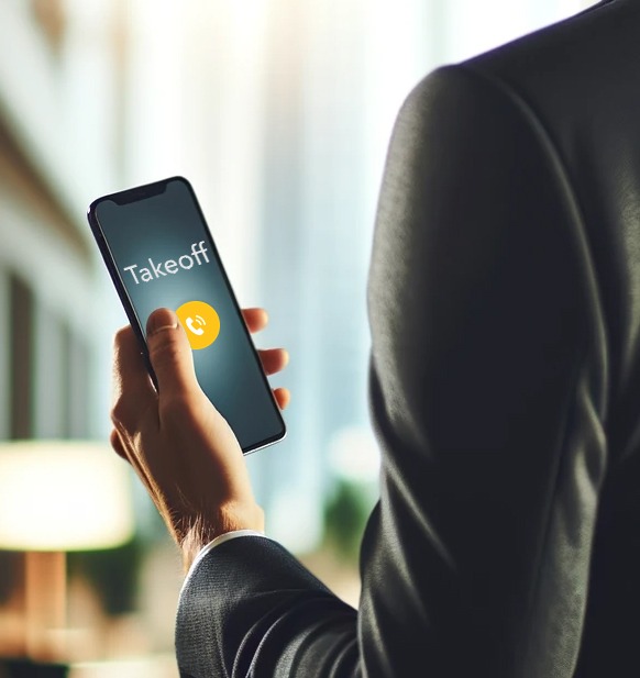  une personne tenant un télephonee, le logo de Takeoffsolution sur l'écran et un bouton d'appel