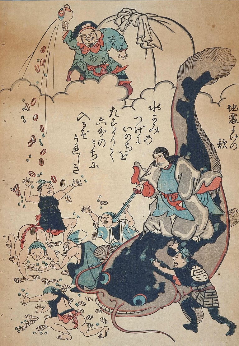 Takemikazuchi pins catfish as workers rush for gold coins