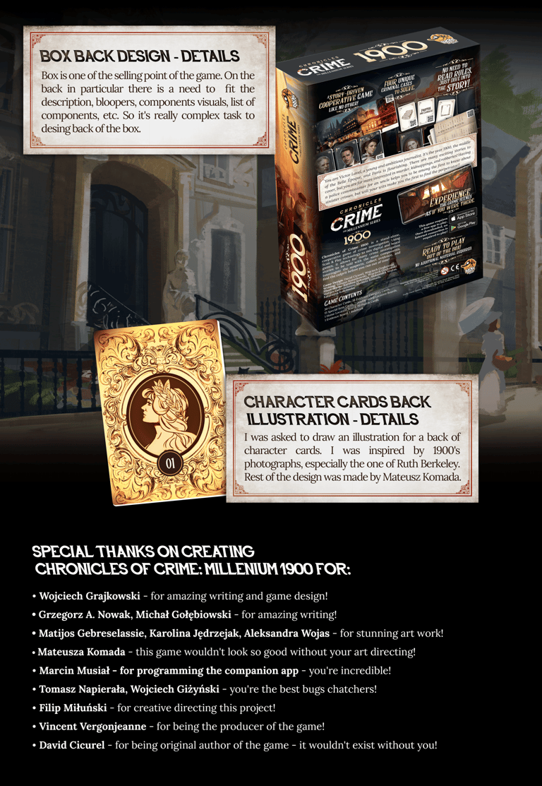 Back of the box design. I drawn character cards back illustration