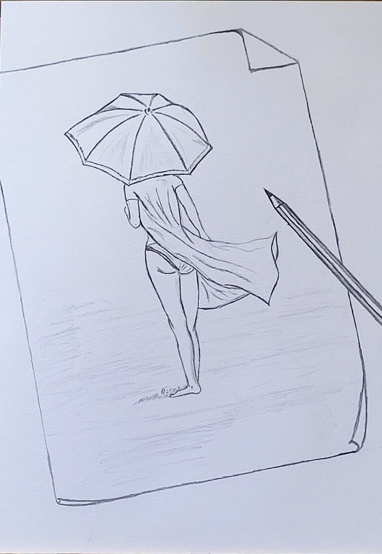 Dibujo de un dibujo con el lápiz. Hecho por Óscar Ocaña Parrón; una muchacha bajo la lluvia con paraguas