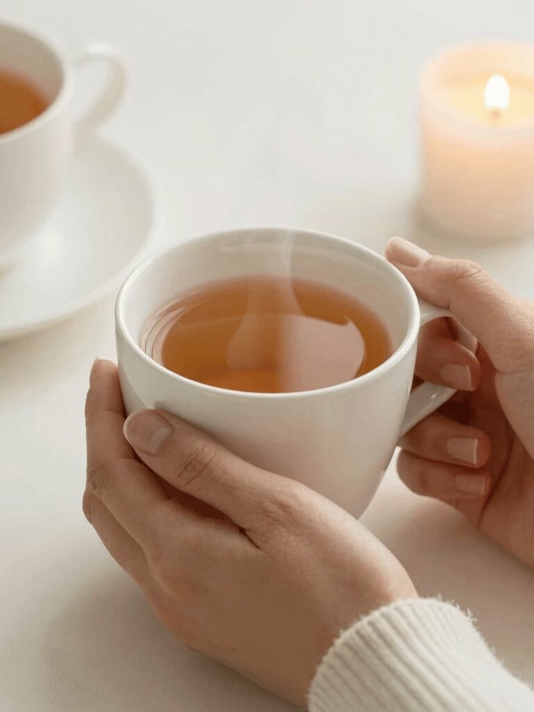 Hand holding pink mug with warm drink and festive lights
