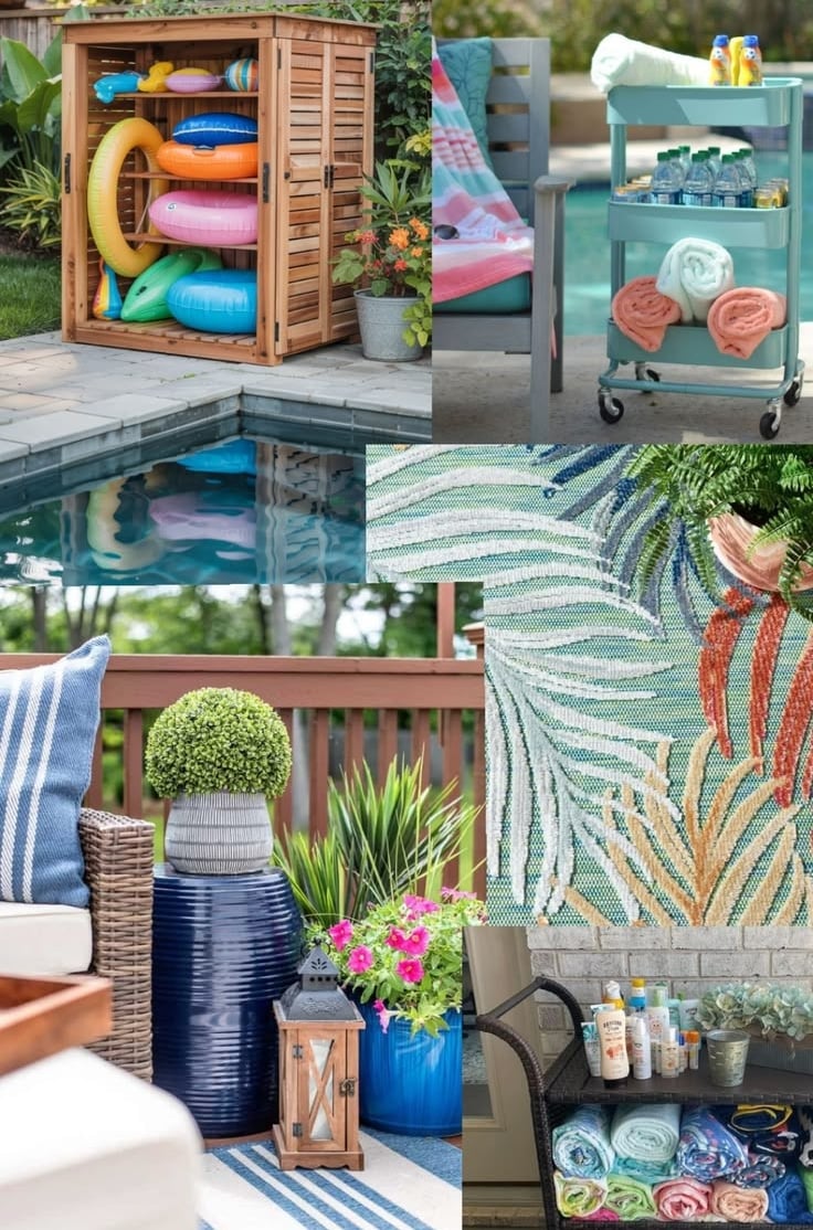 Backyard pool storage ideas including a wooden cabinet for floats, rolling carts for towels, and patio decor.