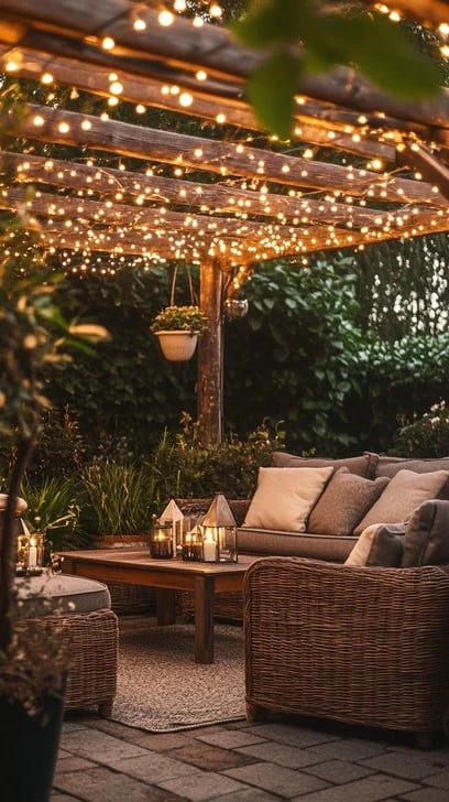 Cozy backyard patio with wicker furniture under a wooden pergola with warm string lights.