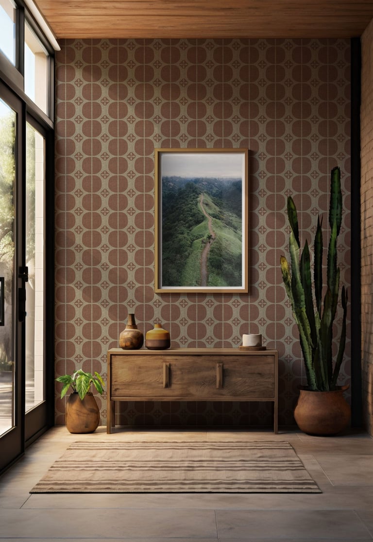 Terracotta and warm grey block print geometric wallpaper with natural, handcrafted patterns