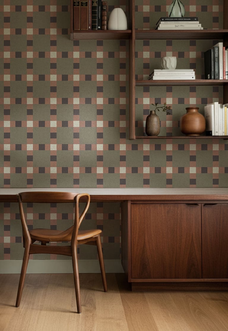 Earthy checkered geometric wallpaper with a mid-century grid pattern in muted greens and browns,