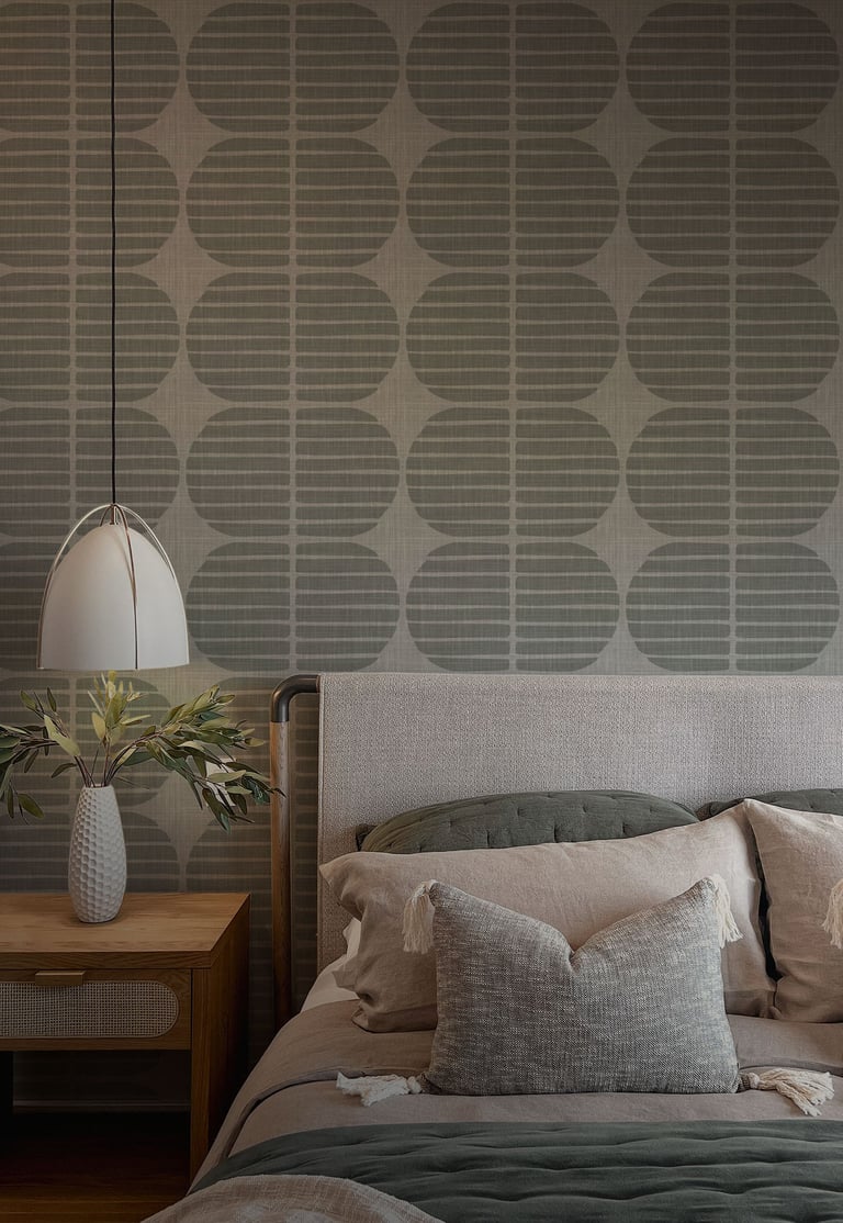 Japandi wallpaper with geometric pattern in a neutral bedroom setting.