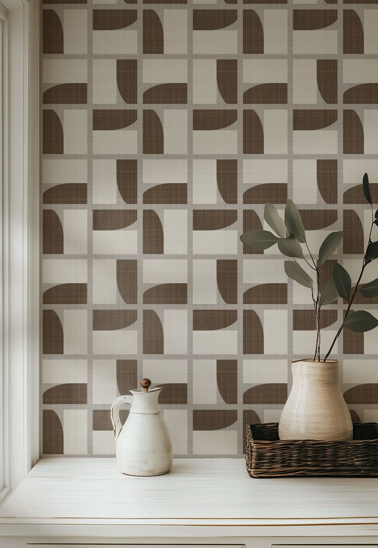 Warm earthy geometric wallpaper with a mid-century grid pattern in brown and beige tones,