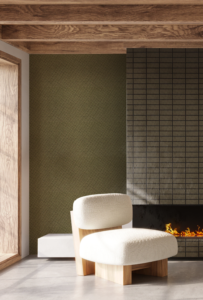 Modern slate tile wallpaper with a charcoal geometric pattern, styled in a minimalist living