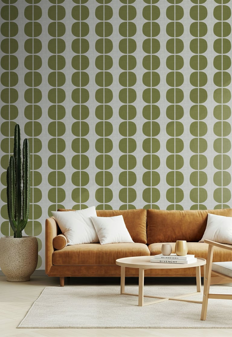 Olive green geometric wallpaper with bold half-circle motifs, styled in a modern living room