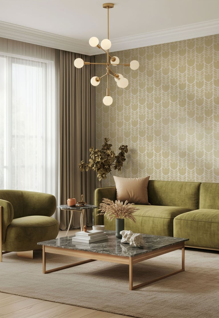 Golden retro floral wallpaper with a stylized tulip pattern, styled in a modern living room