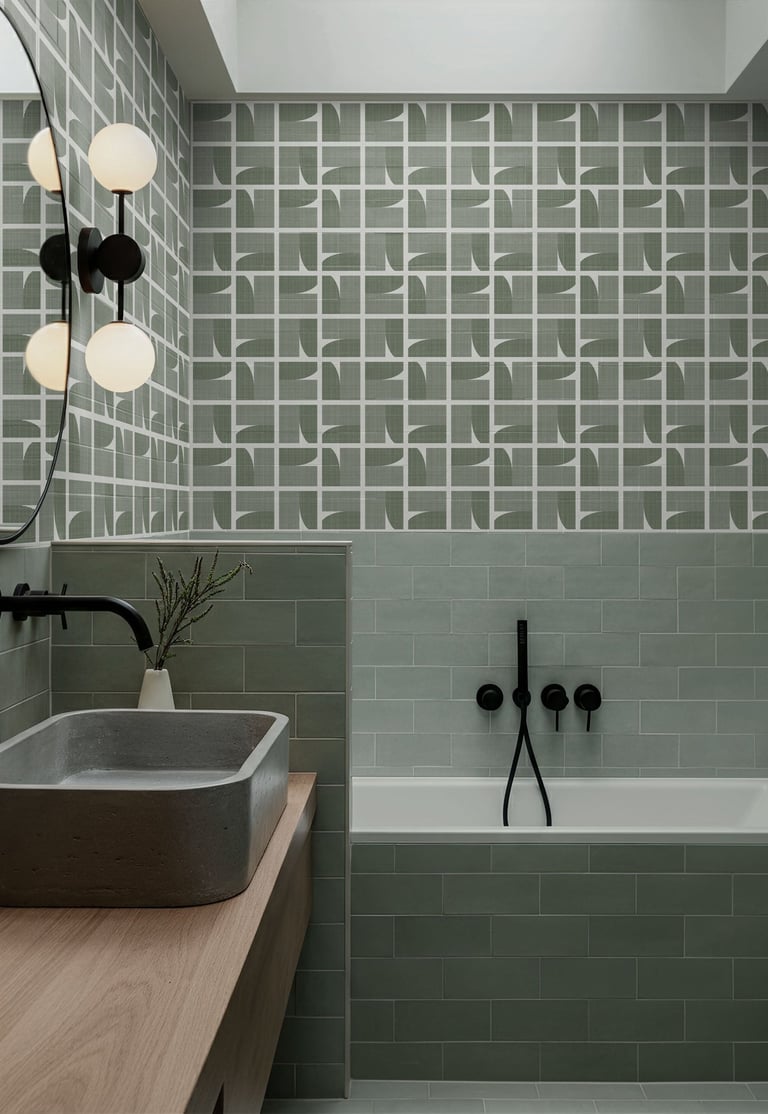 Sage green geometric wallpaper with a structured mid-century pattern, styled in a modern bathroom