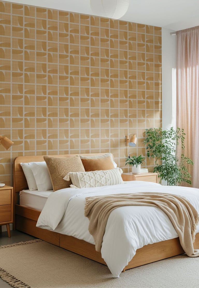 Sunset orange geometric wallpaper with a mid-century grid pattern, styled in a cozy bedroom