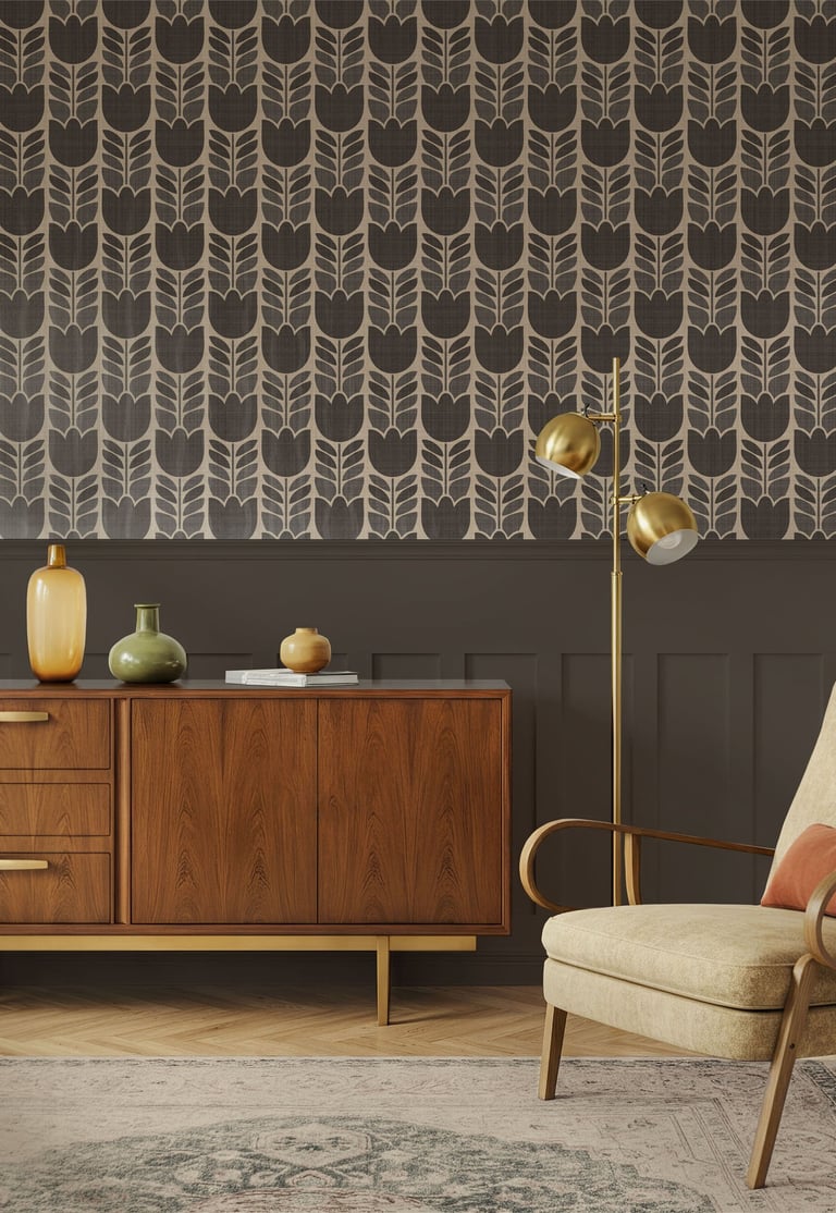 Dark retro floral wallpaper with a deep brown grey background and beige tulip motifs