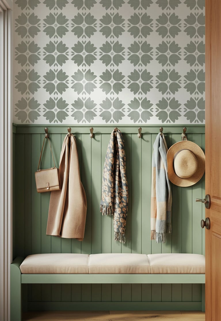 Sage and cream floral pattern wallpaper with a retro farmhouse design, styled in an entryway