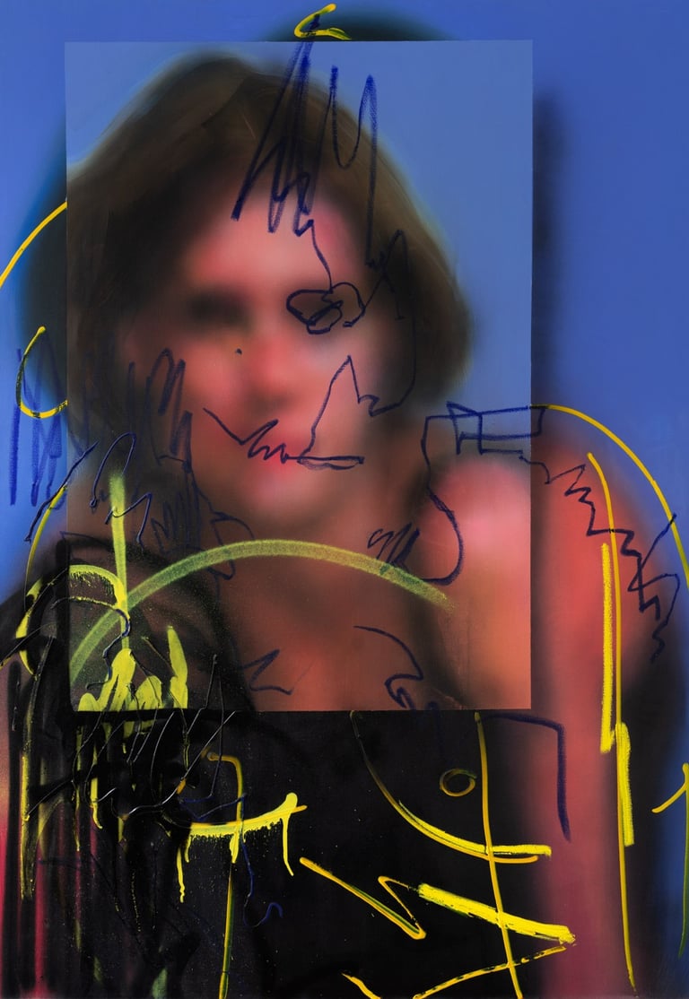 Abstract mixed-media portrait with blurred facial features, blue overlays, and yellow gestural brushstrokes.