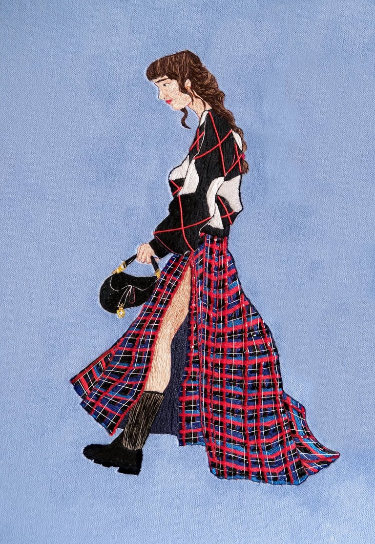 Embroidery artwork of a fashion illustration ; a woman is walking with Dior bag and kilt skirt 