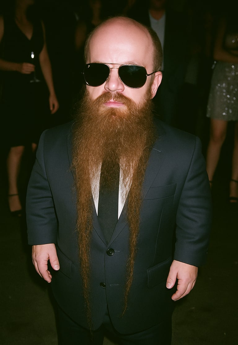 Un nain avec une grande barbe et des lunettes de soleil pour la journée mondiale de la barbe.