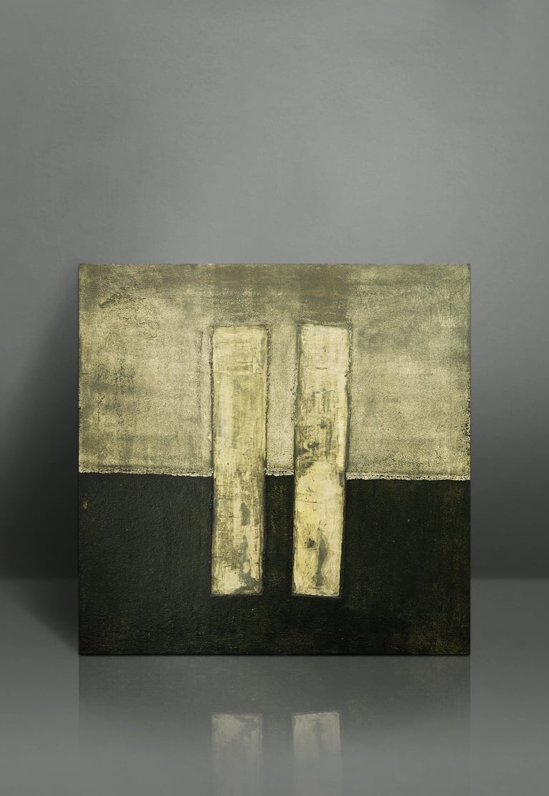 Abstract minimalist painting featuring two gold vertical pillars on a black and grey textured background.