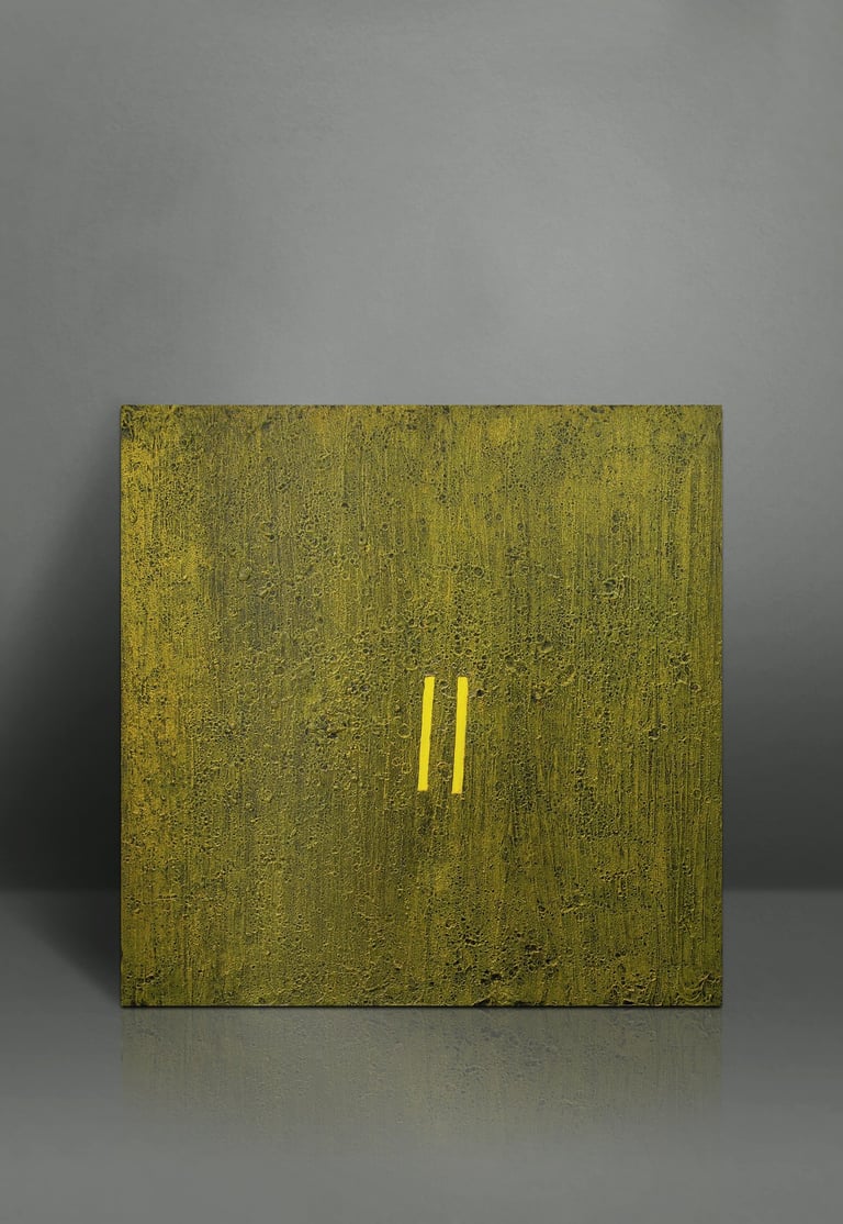 Abstract textured gold painting with two vertical yellow lines on a grey background.