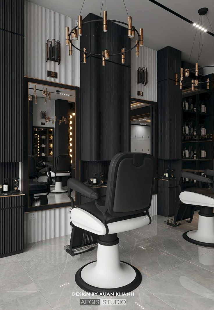 a salon chair in a salon with a chandelier