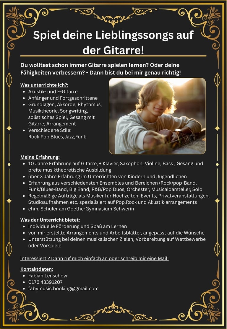 Werbeflyer für den Gitarrenunterricht von Fabian Lenschow "Faby"