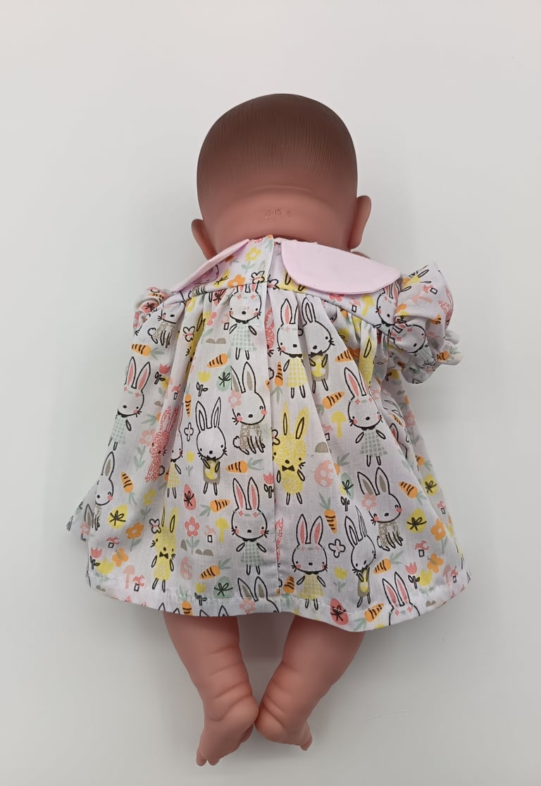 Berenguer doll in rabbit print handmade dress