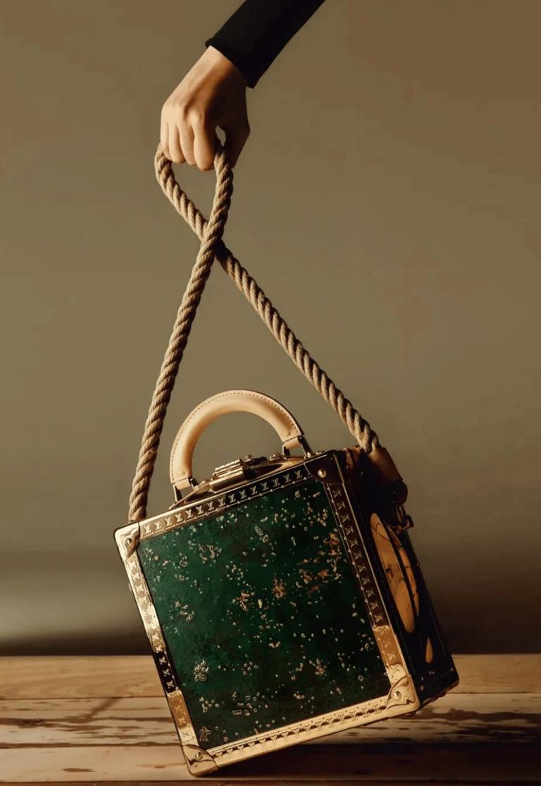 Louis Vuitton green artisan handbag with rope strap in luxury still-life.