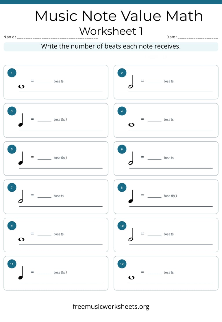 Music Note Value Math Worksheet 1