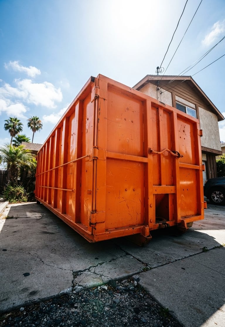 High-contrast industrial photography of a clean, safety-orange roll-off dumpster positioned on a residential driveway in Long Beach, bright midday sun, low-angle heroic shot, portrait aspect, showing clear scale.