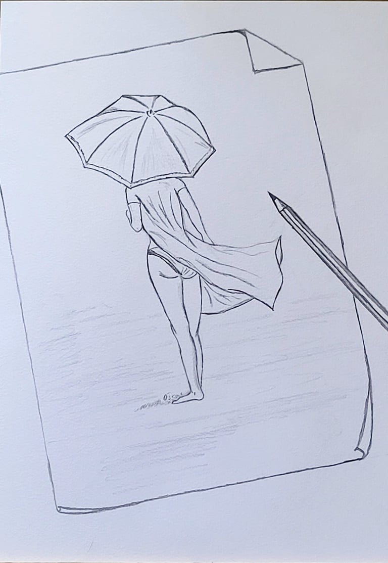 Dibujo de un dibujo con el lápiz. Hecho por Óscar Ocaña Parrón; una muchacha bajo la lluvia con paraguas