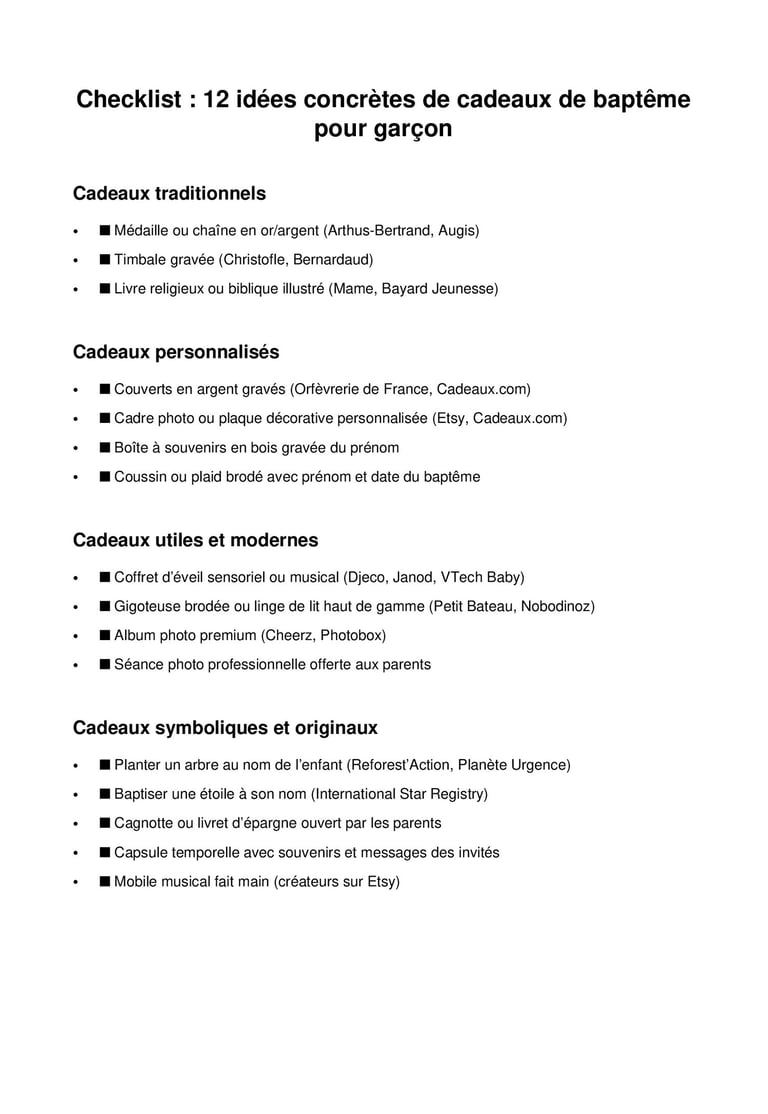 checklist idées cadeaux pour garçon