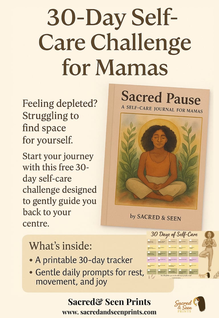 Promotional graphic for a 30-day self-care challenge for mamas featuring the Sacred Pause journal and printable tracker.