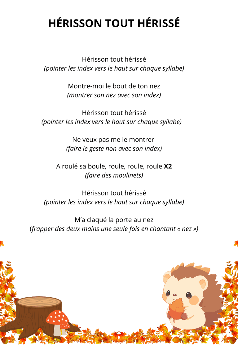 Paroles illustrées comptine hérisson tout hérissé