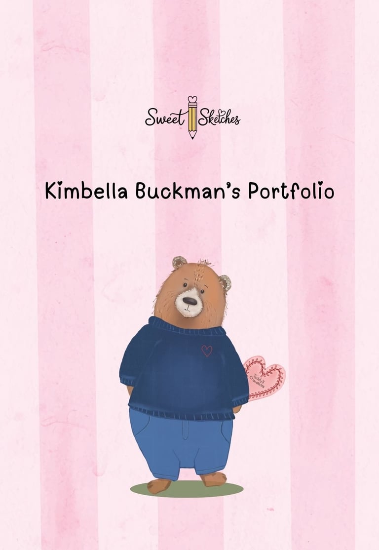 Kimbella Buckmans Portfolio Cover teddy bear with a pink and white striped background