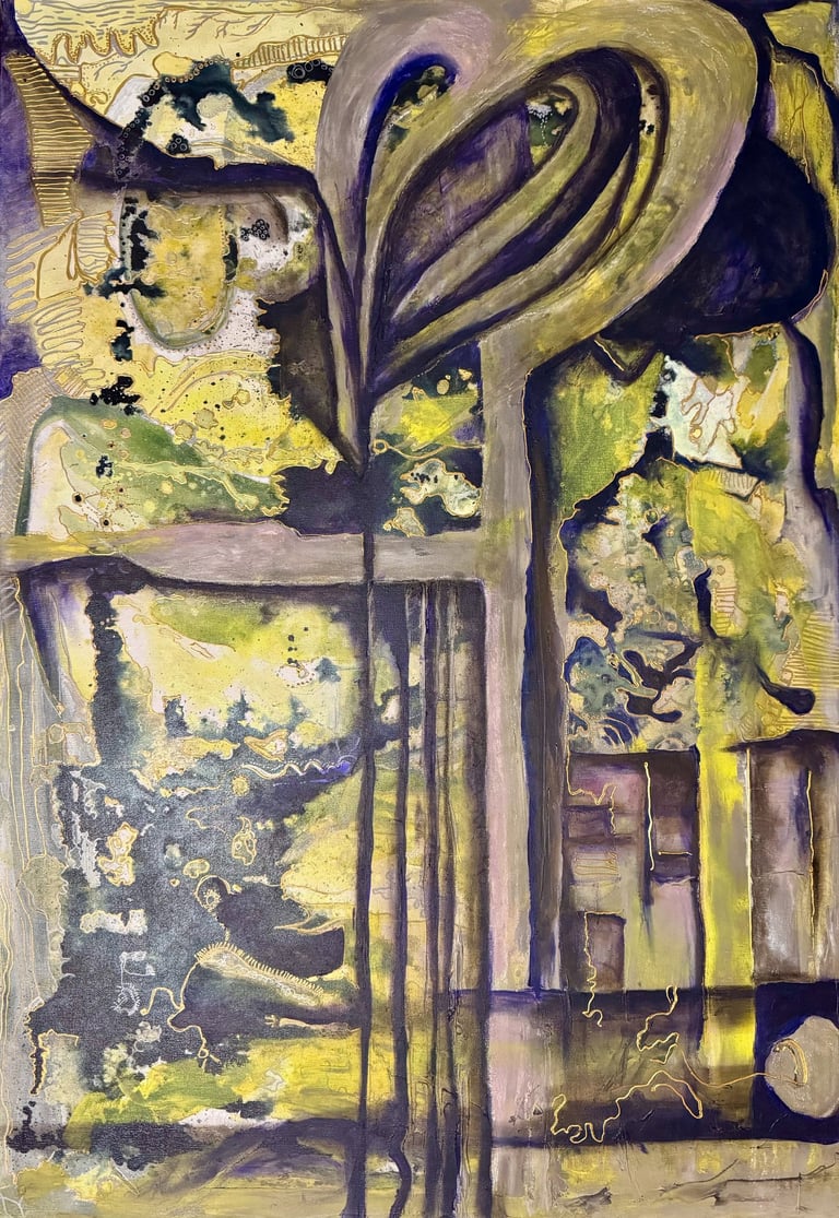 Abstract contemporary oil painting with expressive brushstrokes in yellow, purple, and green tones.