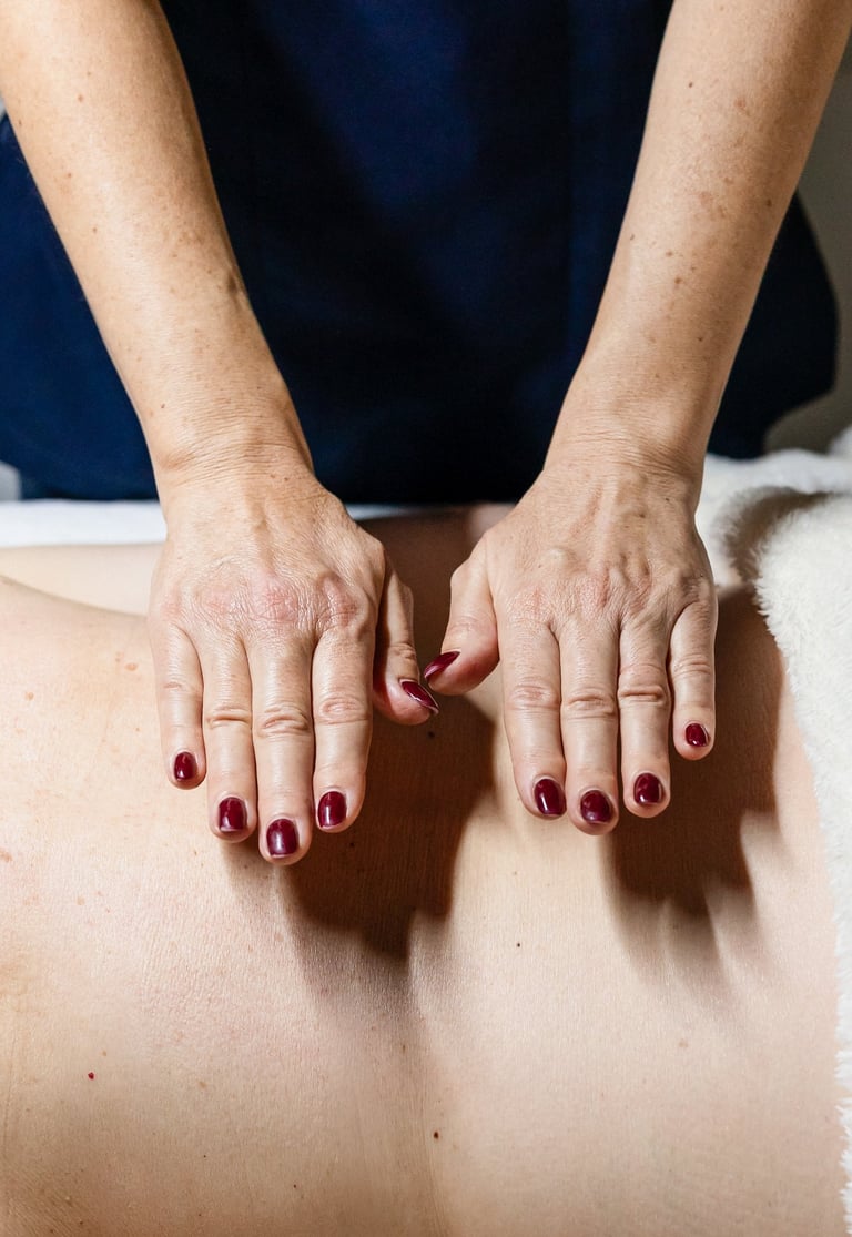 Nathalie Gaullier pose ses mains sur le dos de sa cliente pour faire un massage harmony bien-être