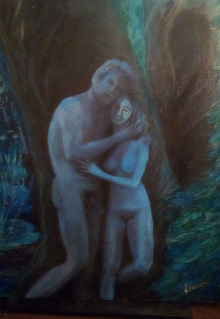 Paintaing if a man and a woman naked in the forest