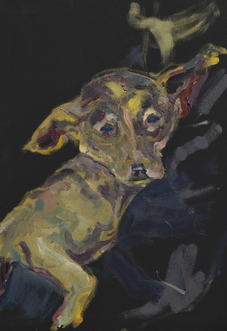 Shelter dog oil painting by Lina Mikuzyte